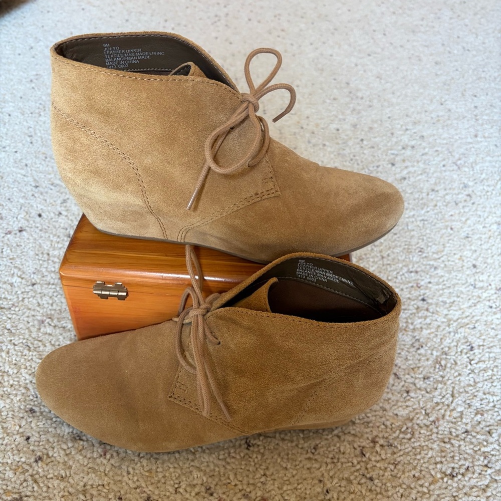 Nine West Tan Suede Lace-Up Wedge Booties